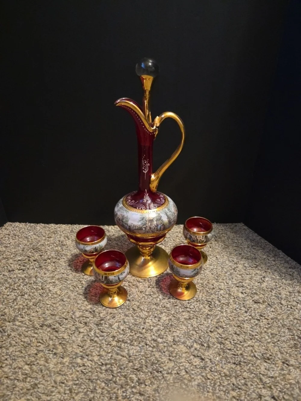 ✨ Vintage Italian Tre Fuochi Venetian Glass Set – Ruby Red & 24K Gold